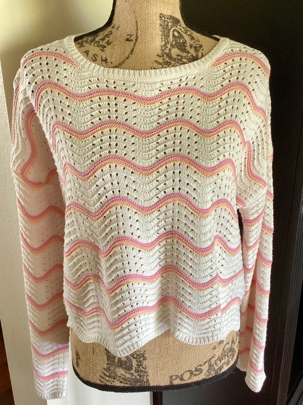 Sincerely Jules Cropped Crochet Knit Long Sleeve Sweater Wavy Stripe Sz XL